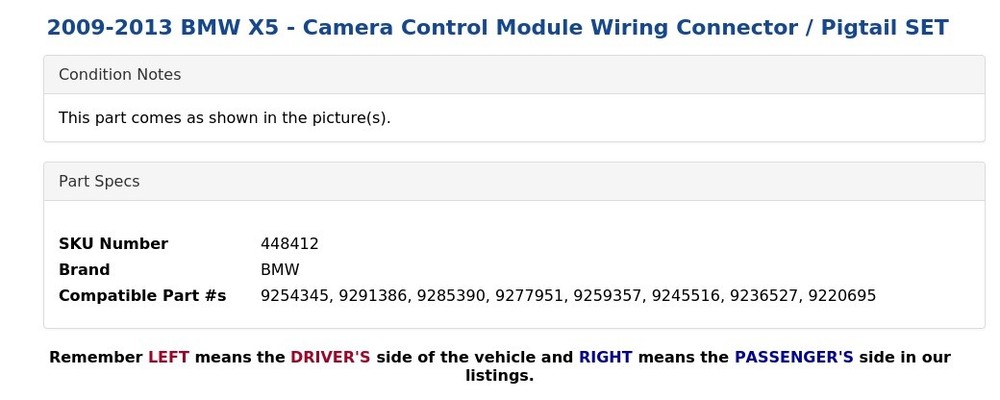 2009-2013 BMW X5 - Camera Control Module Wiring Connector / Pigtail SET