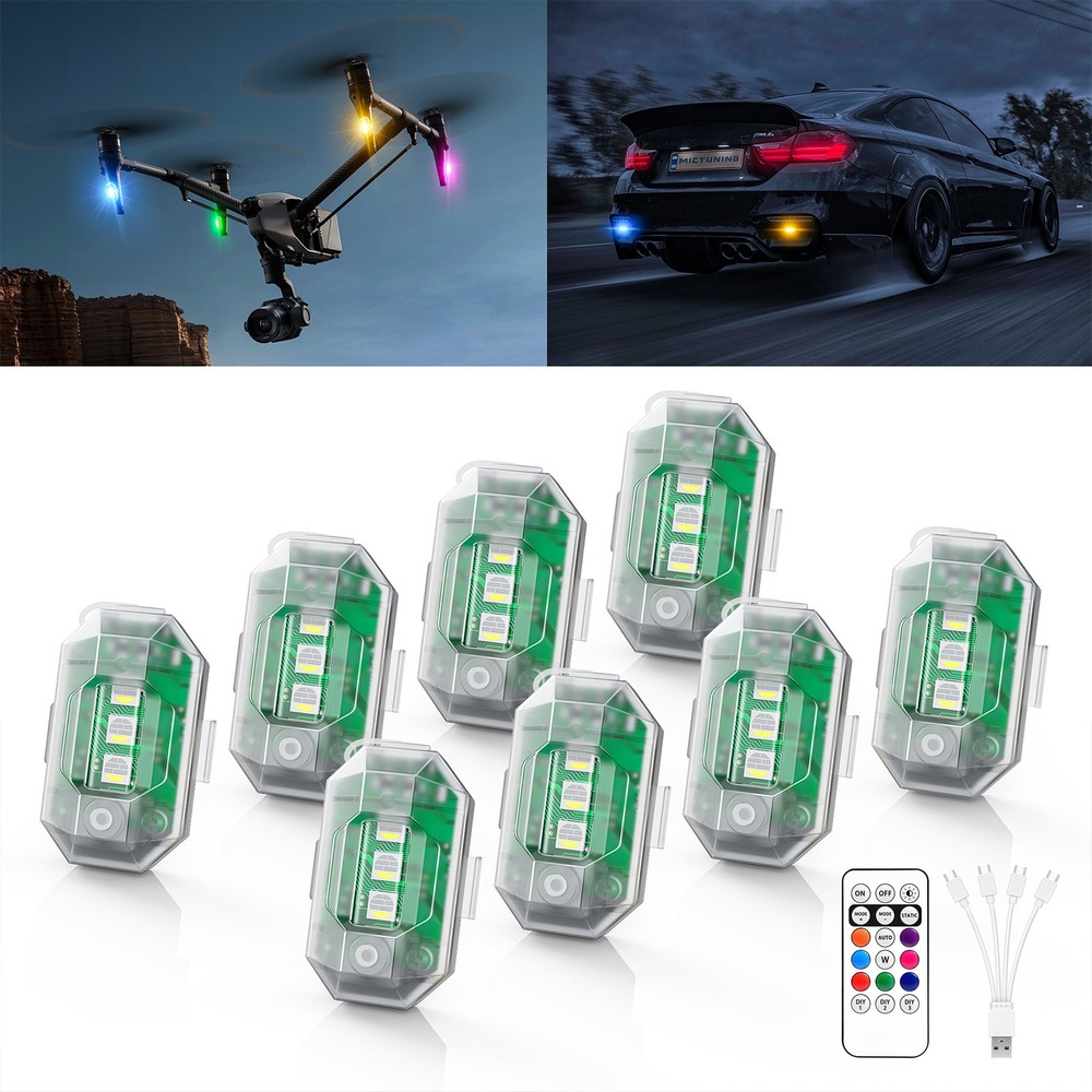 8PCS Wireless 3-LED Strobe Lights with Remote Control, 8 Colors USB Charging Car