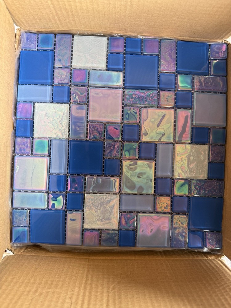 French Pattern 12x12 Glass Tile “Flashy bluez” Pool Backsplash