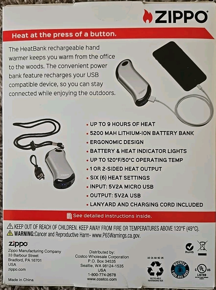 🌟NEW🌟 Zippo SILVER HeatBank 9s Rechargeable Hand Warmer & Power Bank SEALED