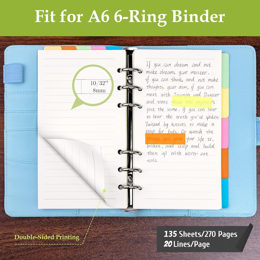 A6 Refill Paper Planner Inserts for A6 6 Ring Notebook Binder, 135 Sheets Lined