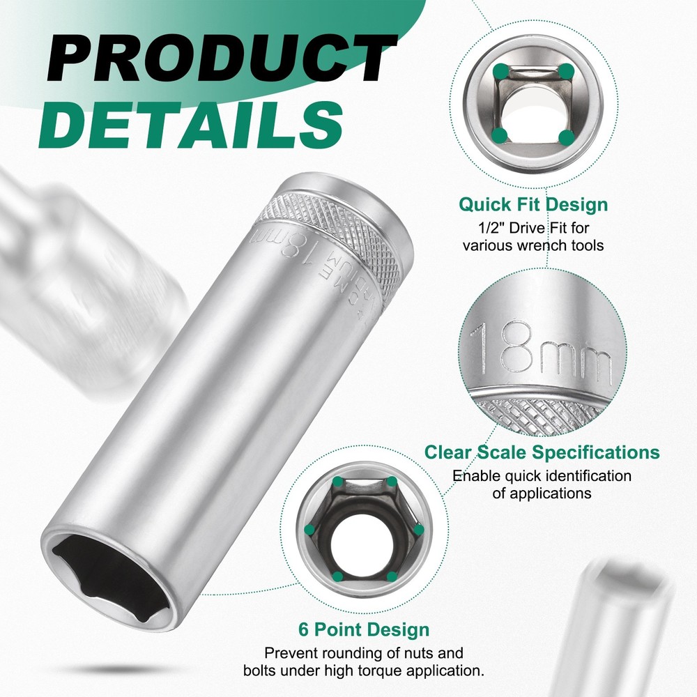6 Points Deep Socket 1/2" Drive 18mm Nickel Plating Hex Socket 3.1" Long