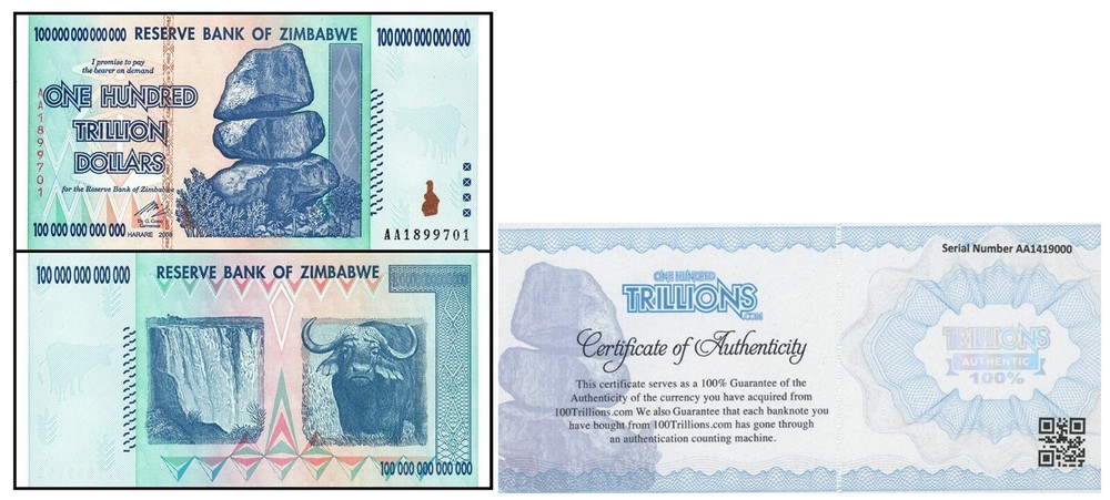 Zimbabwe 100 Trillion Banknote 1 Note AA/2008, UNC Authenticity 36 hours only