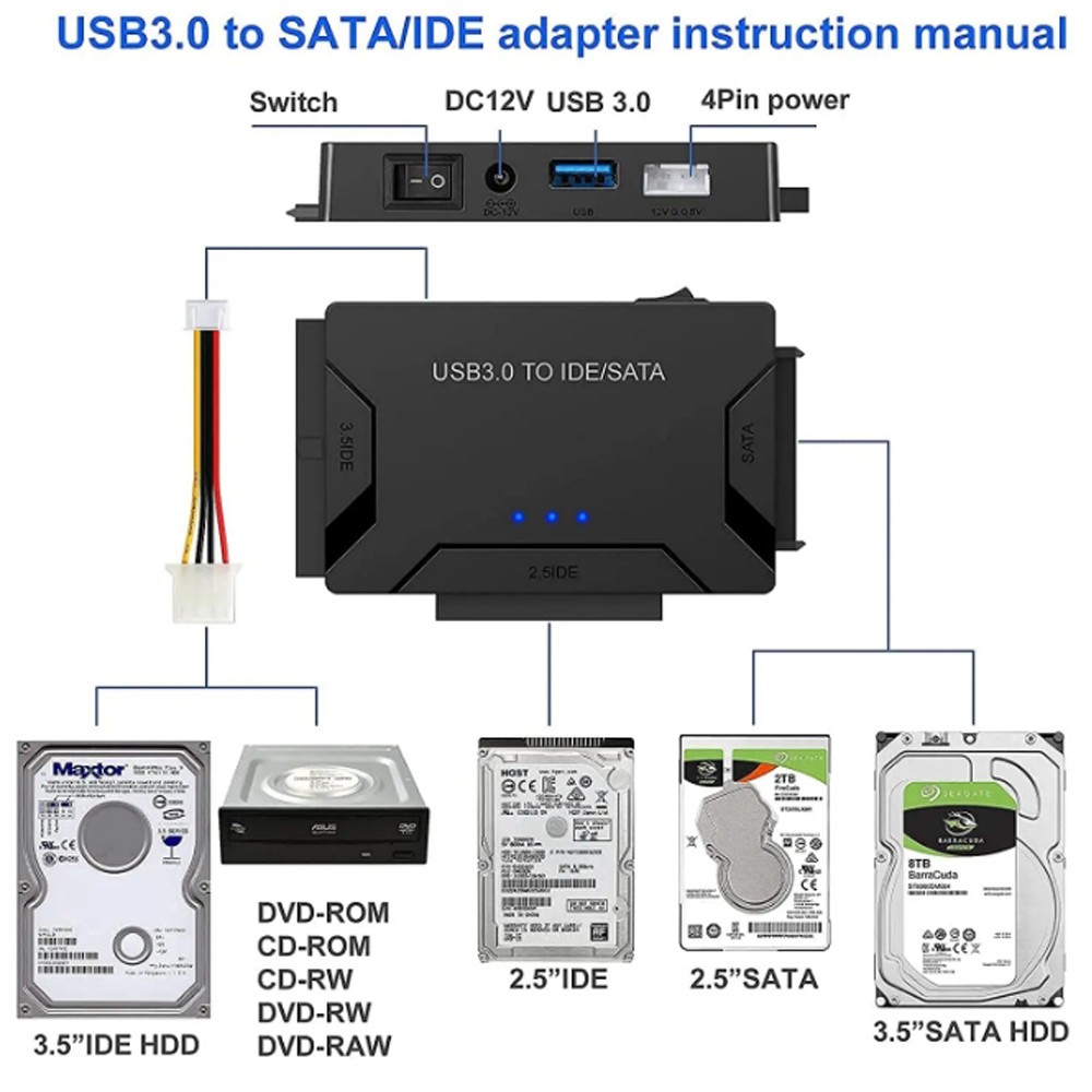 USB 3.0 to IDE & SATA Converter External Hard Drive Adapter Kit 2.5"/3.5" Cable