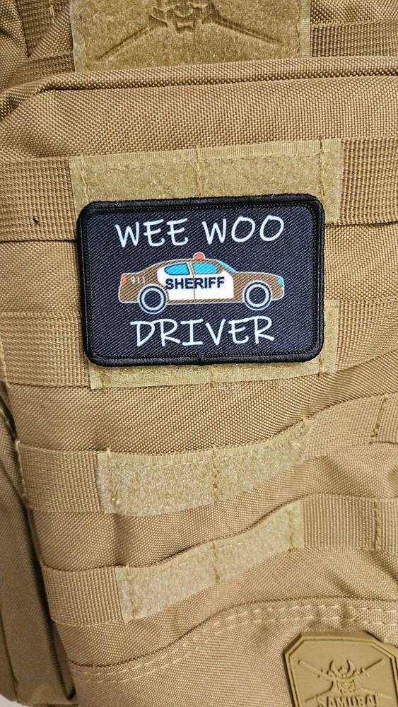 Wee woo driver sheriff brown car funny 2"x3" removable patch hook and loop back