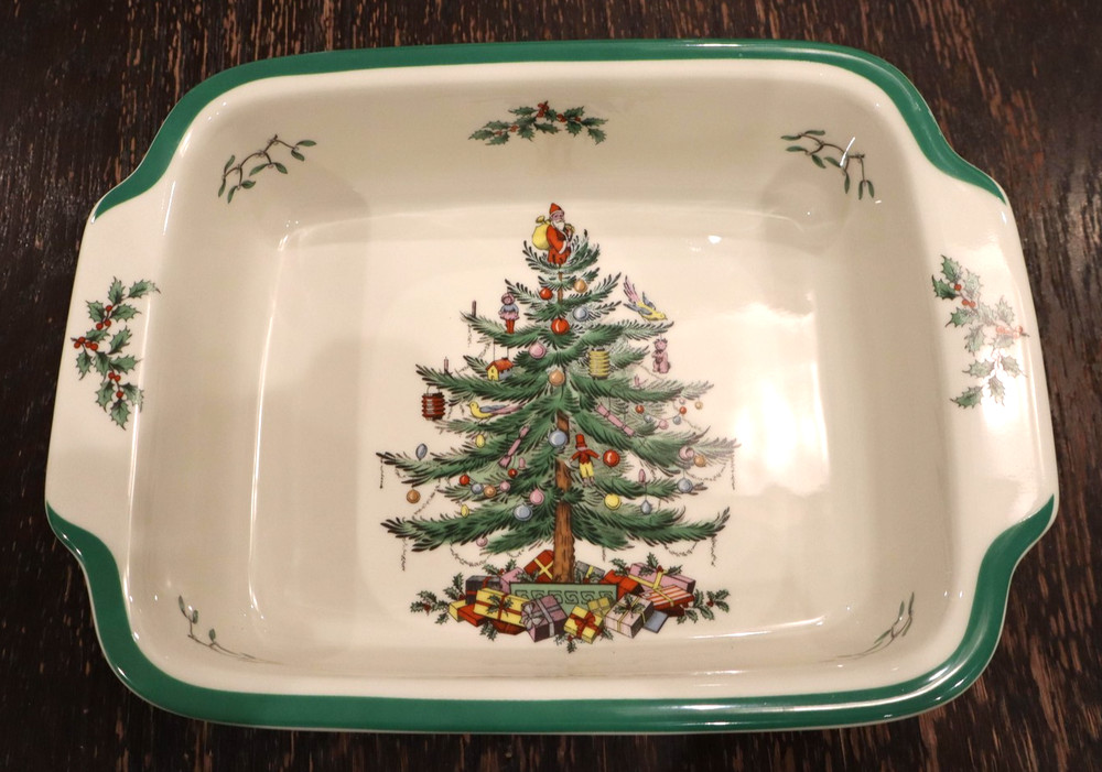 Spode Christmas Tree Baking Dish 12" Rectangular Oven To Table White Green Rim