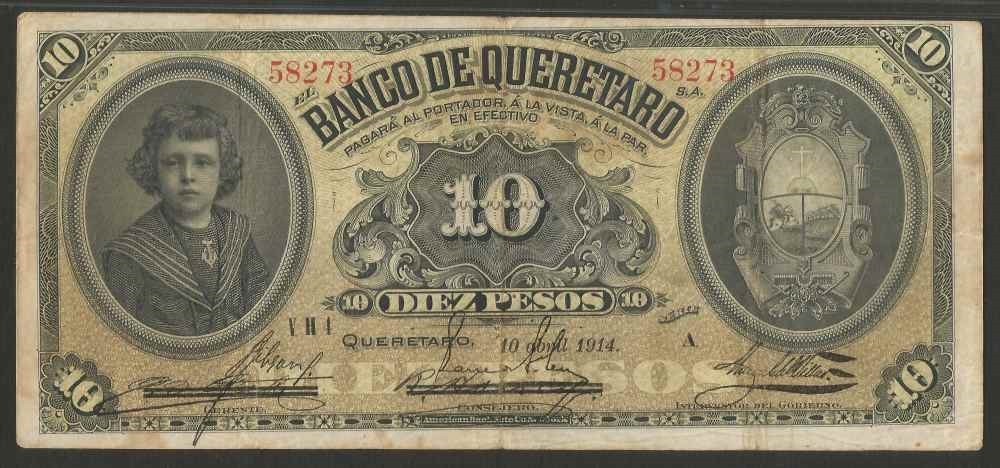 1914 Mexico Banco De Queretaro 10 Pesos Banknote New Signature Overprint P S391b