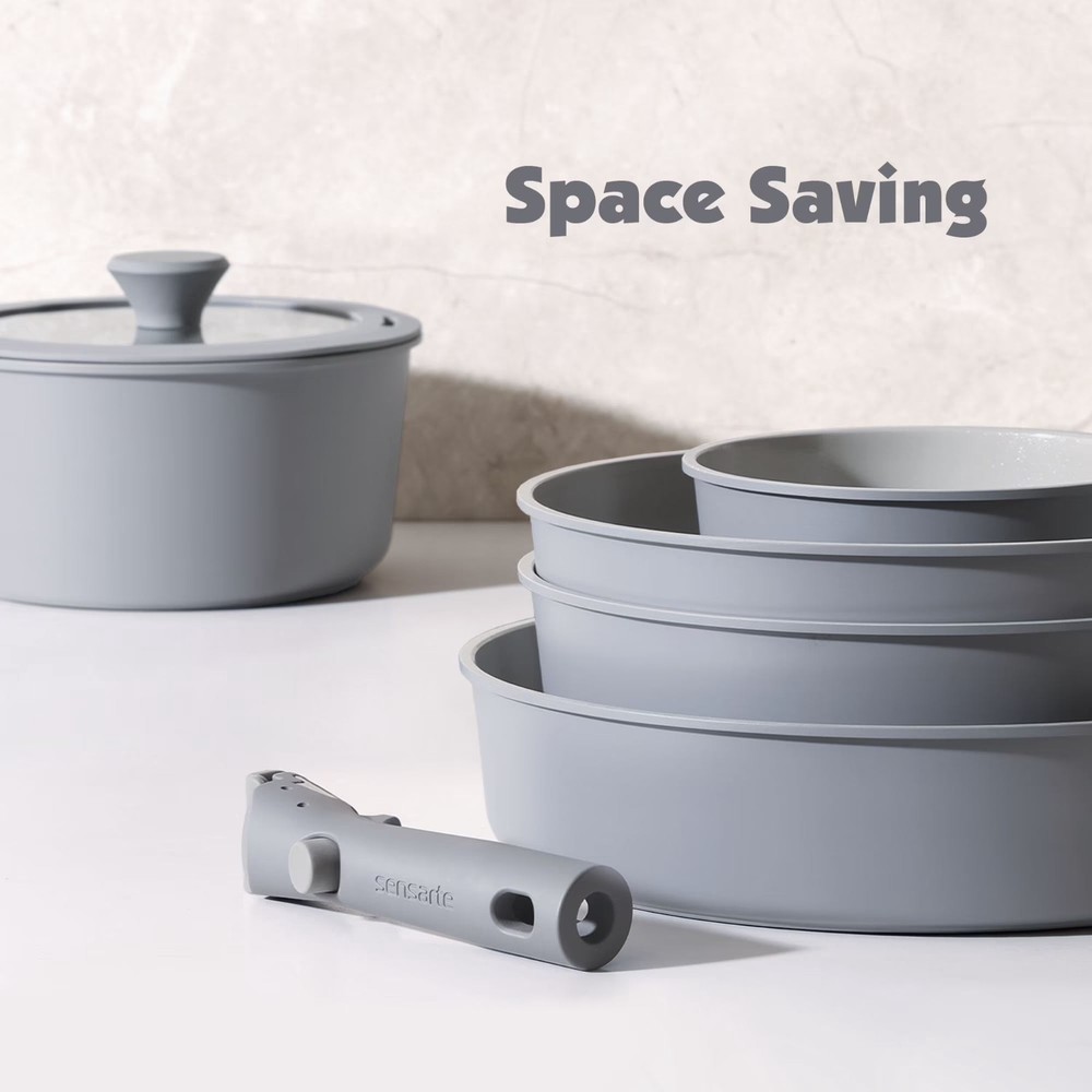 Cookware Set 18Pcs Ceramic Nonstick Detachable Handle Induction Gray