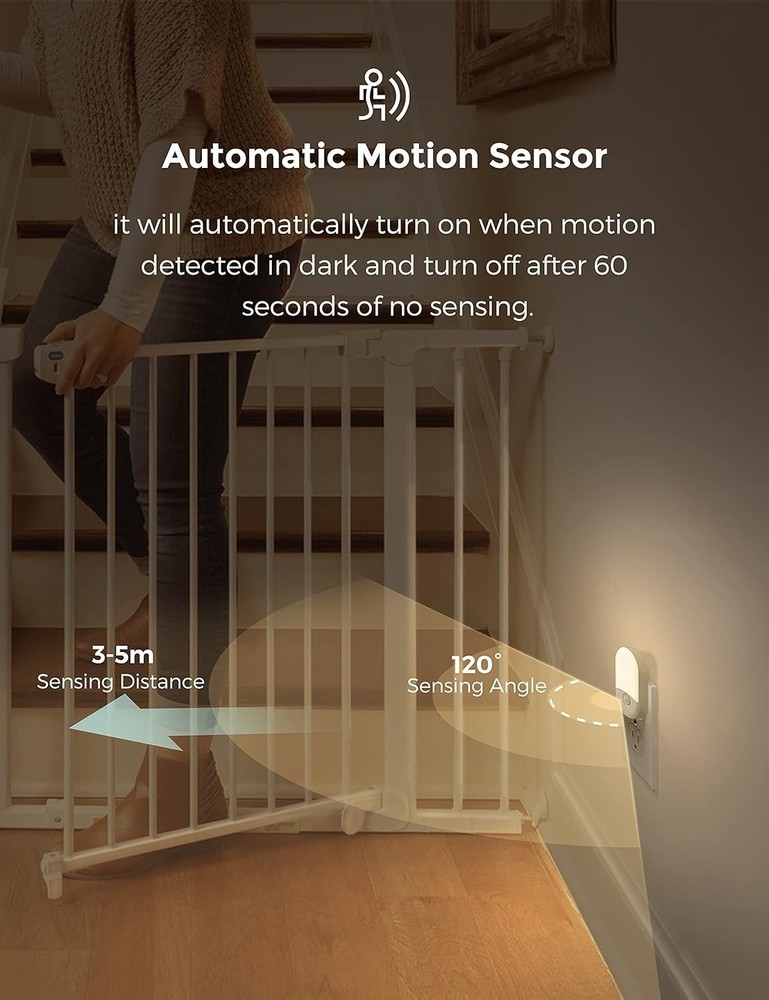 LED Motion Sensor Night Light Plug-In Auto On Off Warm White Adjustable 2 Pack