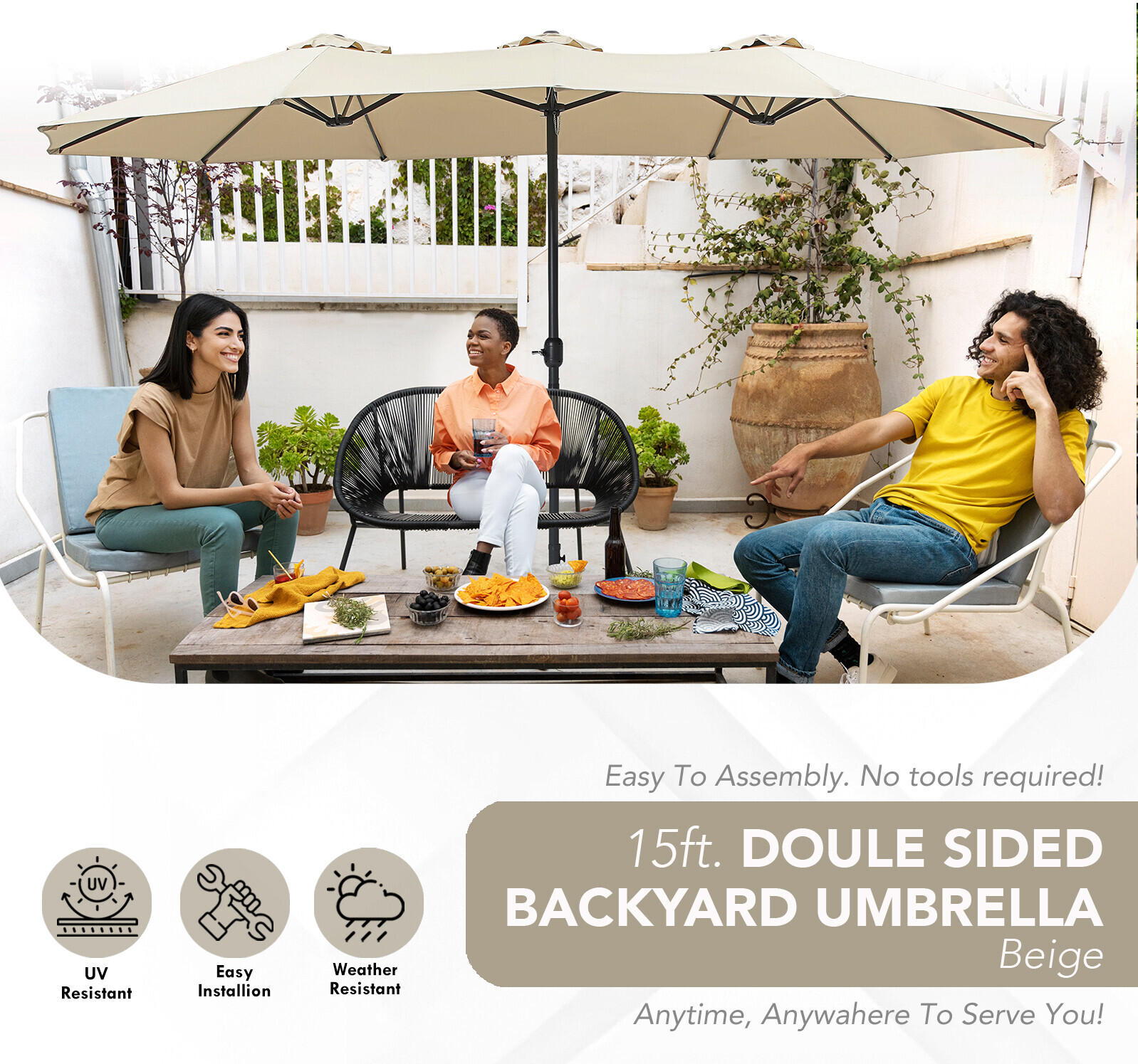 15FT Double-Sided Outdoor Sun Shade Backyard Patio Umbrella Beige w/ Crank Base