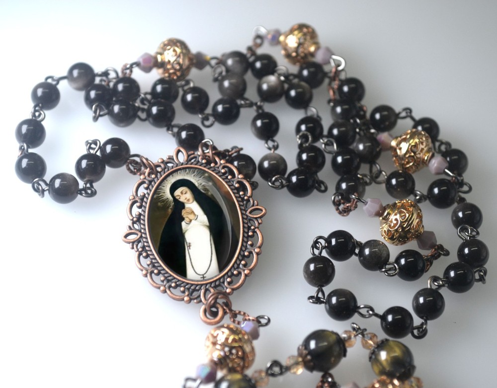 Our Lady of Solitude Rosary Black Obsidian Beads Mother Mary Centerpiece