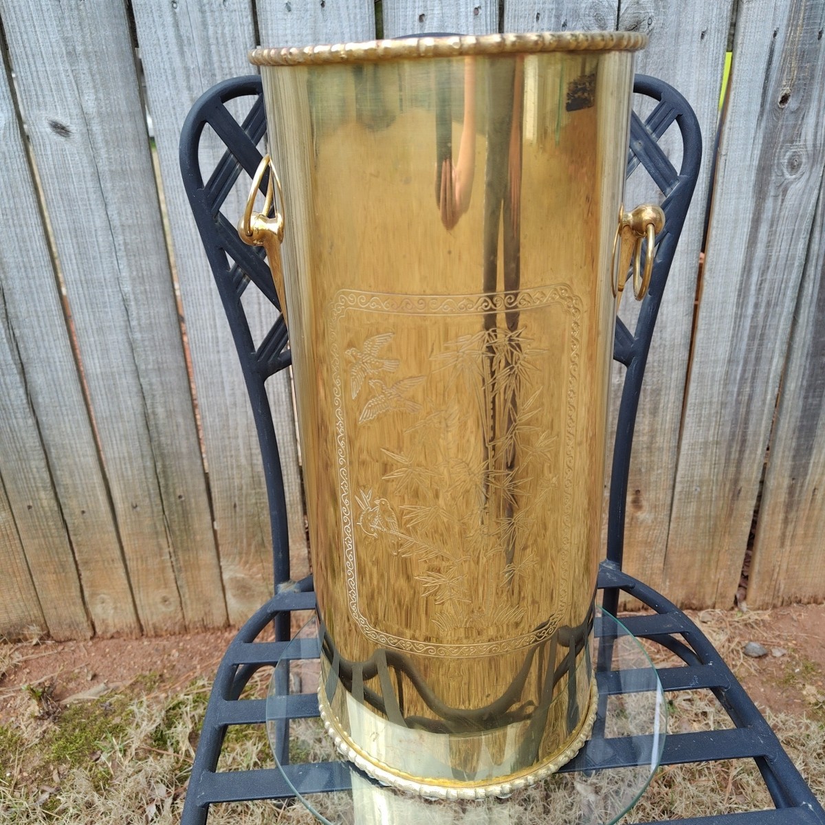Vintage Brass Umbrella Cane Holder Stand 18" with Decorative Handles Asian Motif