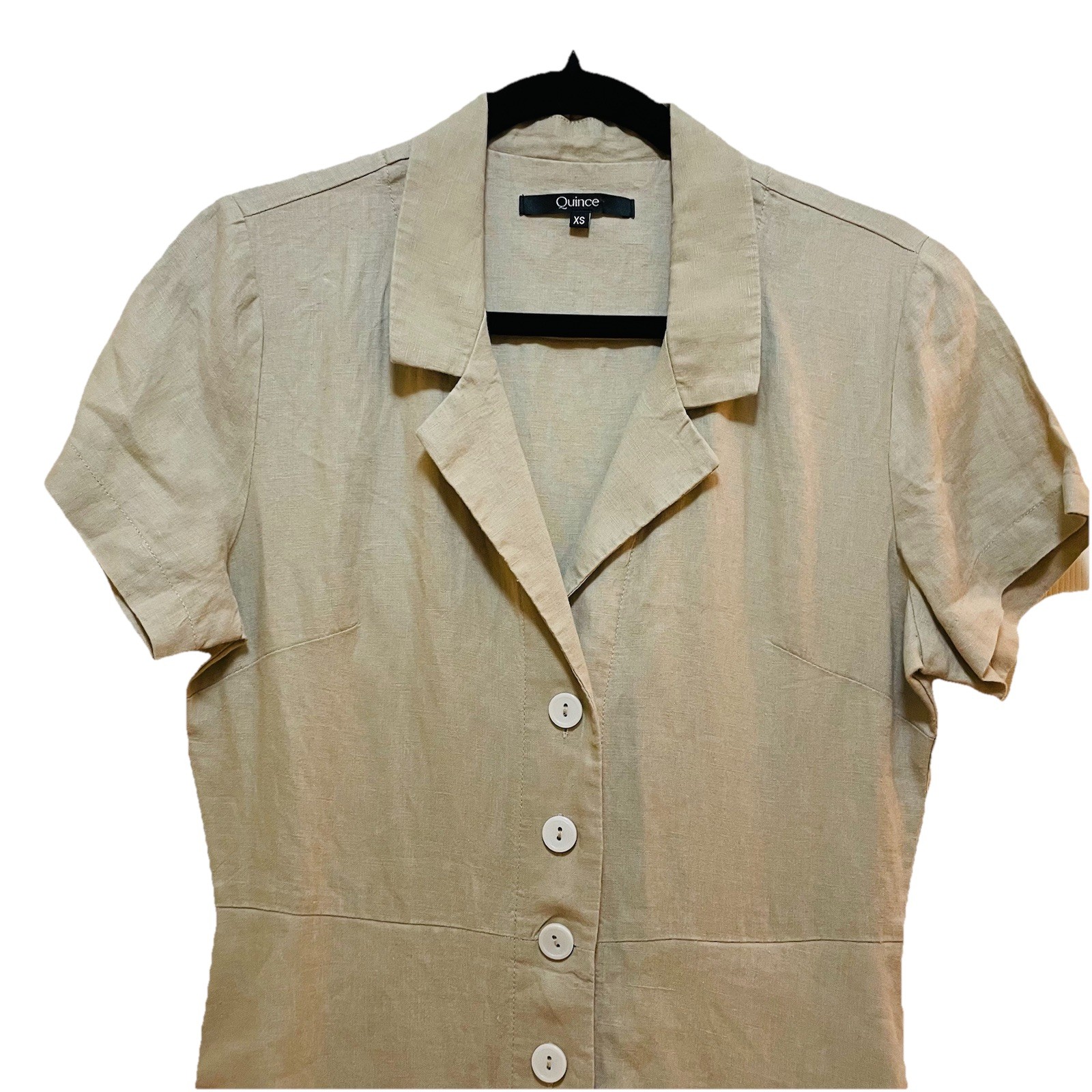 QUINCE Beige 100% Organic Linen Short Sleeve Midi Shirt Dress Sz XS
