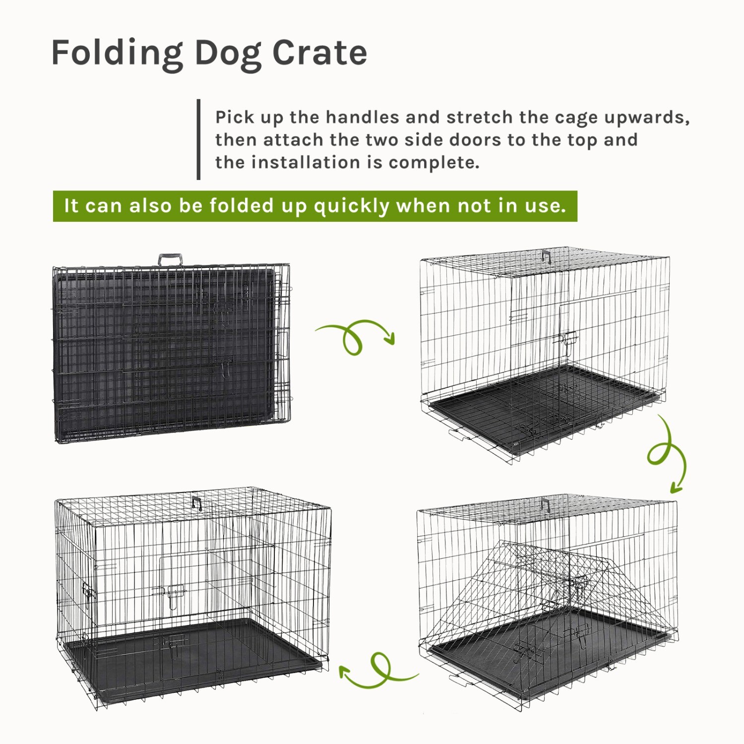 Foldable Metal Wire Dog Crate, Double Door,with Divider Panel & Plastic Pan Tray