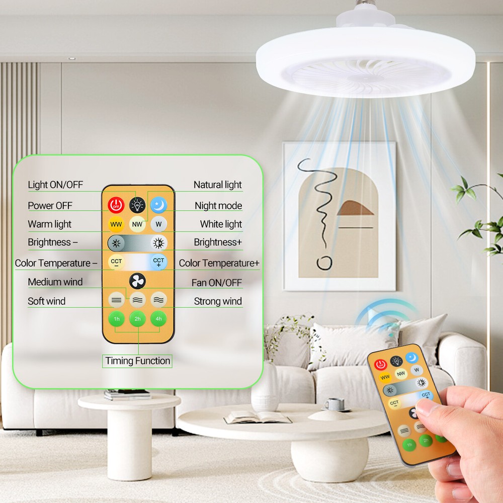 Fan For E27 Socket Light With Remote, Ceiling Fan Adjustable Smart LED Fan