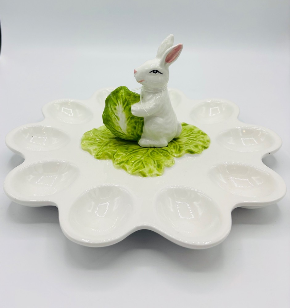 Corner Ruby Spring Easter Bunny Cabbage Ceramic Deviled Egg Serving Platter