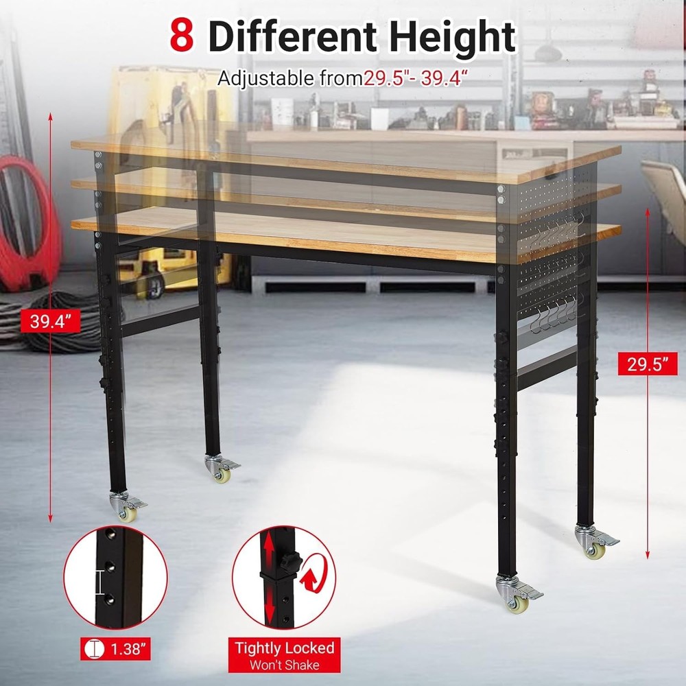Adjustable Height Workbench 48" x 24" Work Bench Table w/Pegboard &Hooks 2200lbs