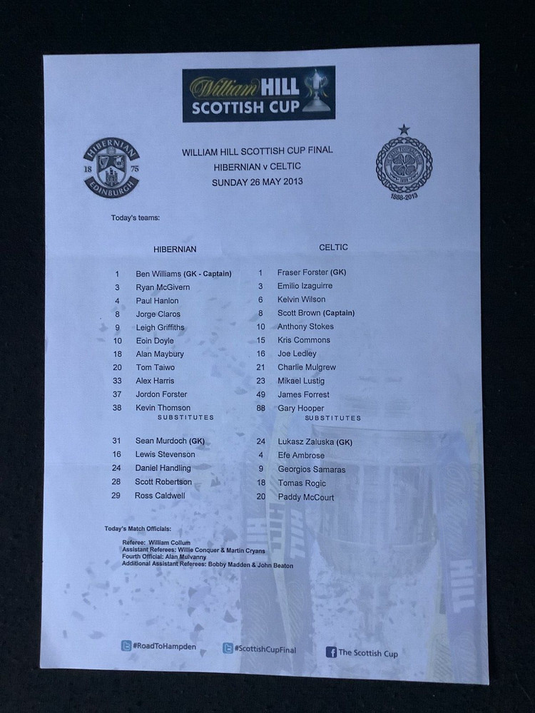 2013 Hibernian v Celtic Scottish Cup Final teamsheet