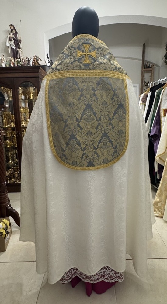 WHITE COPE VESTMENT - BLUE JACQUARD ORPHREY WITH STOLE