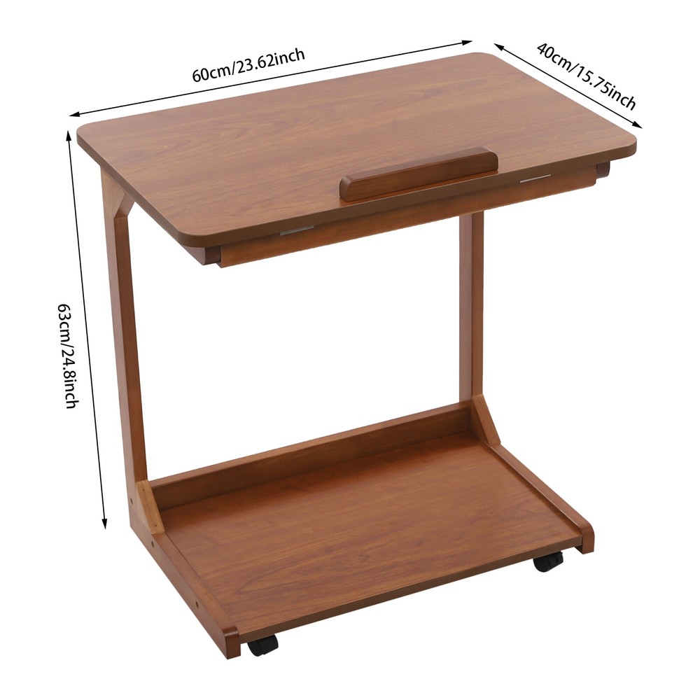 2-tier Walnut-Colored Adjustable Angle C-Shaped End Table With 4-Wheels 55.12lbs