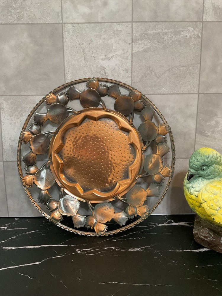 Vintage Copper Platter Bowl With Leaf Design,EUC