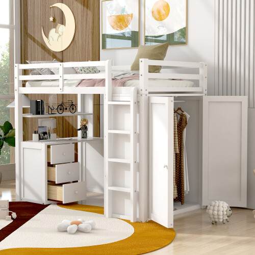 Twin Full Size Loft Bed with Desk Wardrobe Storage Cabinet Solid Wood Bed Frames