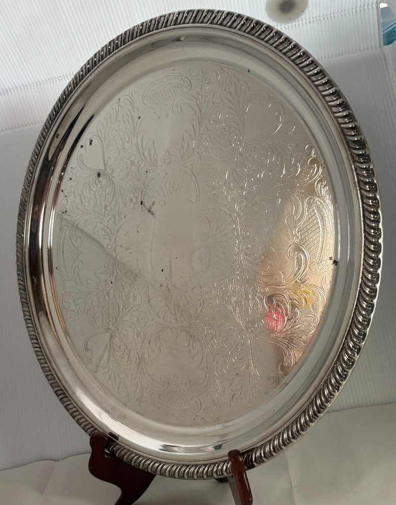 Unbranded Silver Plate Serving Tray with Makers Marks Round with Rope Edge