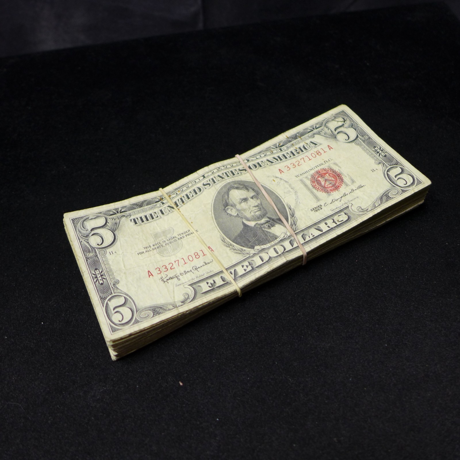 Lot of (50) 1963 Red Seal FIVE Dollar $5 Bills CIRCULATED BILLS - Culls