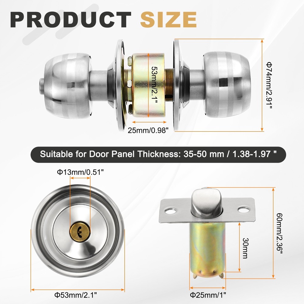 Entry Door Knobs with Key Stainless Steel Round Ball Lock 60mm (2-3/8") Backset