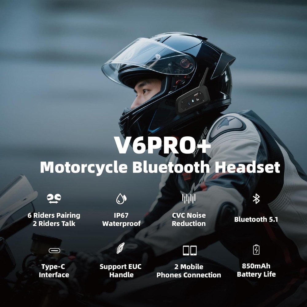 EJEAS V6 Pro+ Motorcycle Helmet Bluetooth Intercom Headset, V6 Pro Upgraded Vers