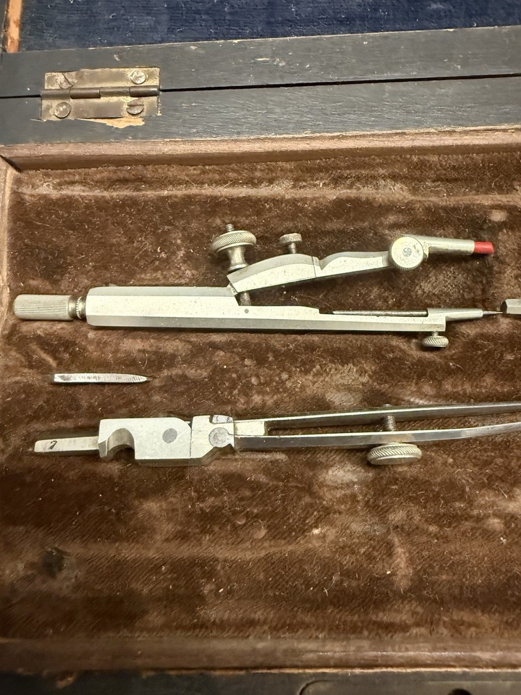 Vintage Drafting Compass Set w/ Wooden Case Engineers Drawing Instruments