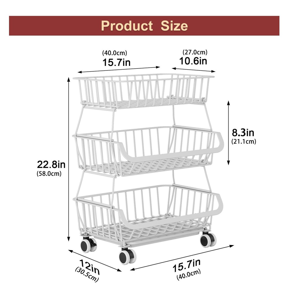 3Tier Rolling Pantry Cart w/Wheels Stackable Wire Storage Organizer White