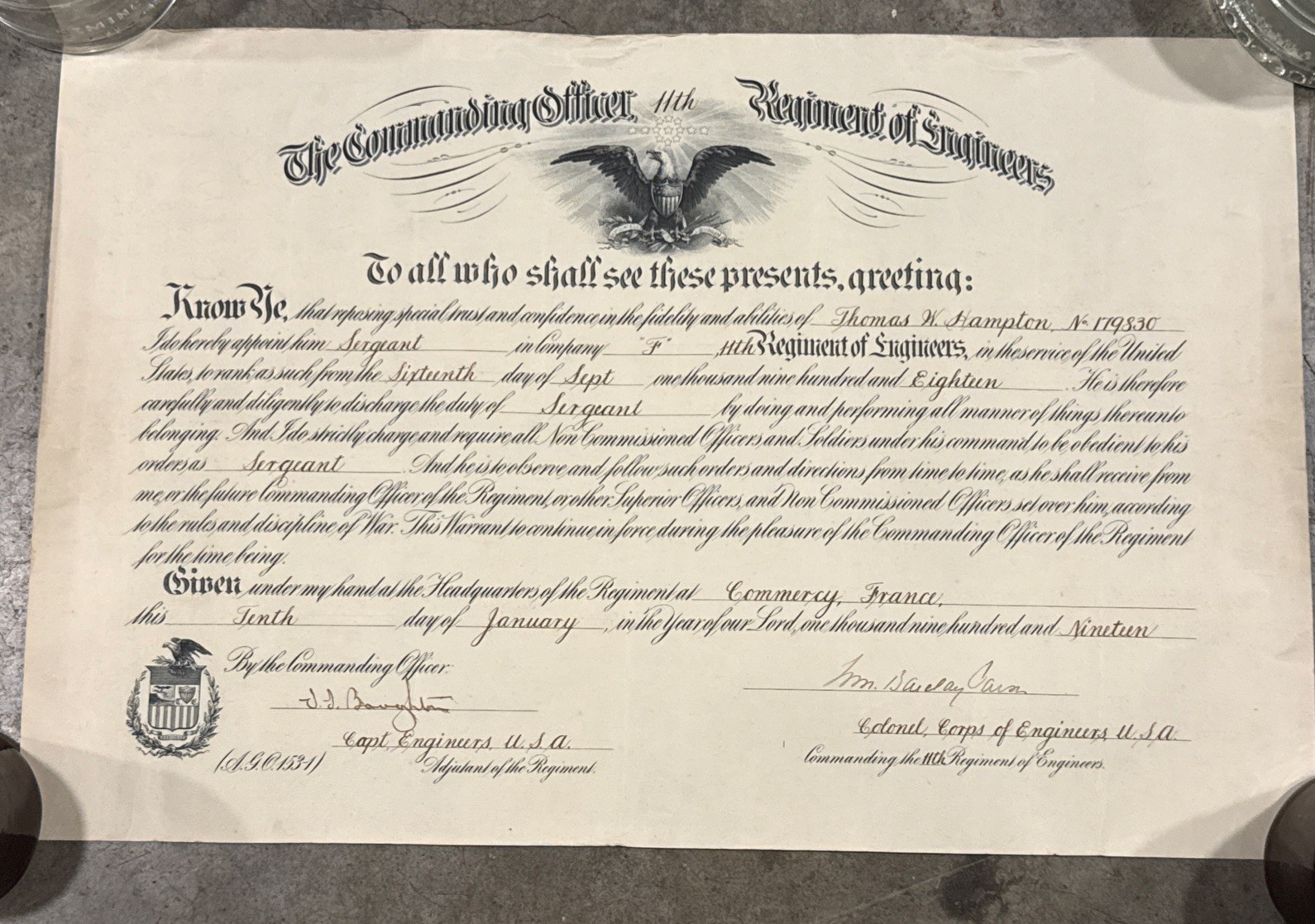 WWI 1918 11th Regiment of Engineers AEF U.S. Army Certificate Service Hampton