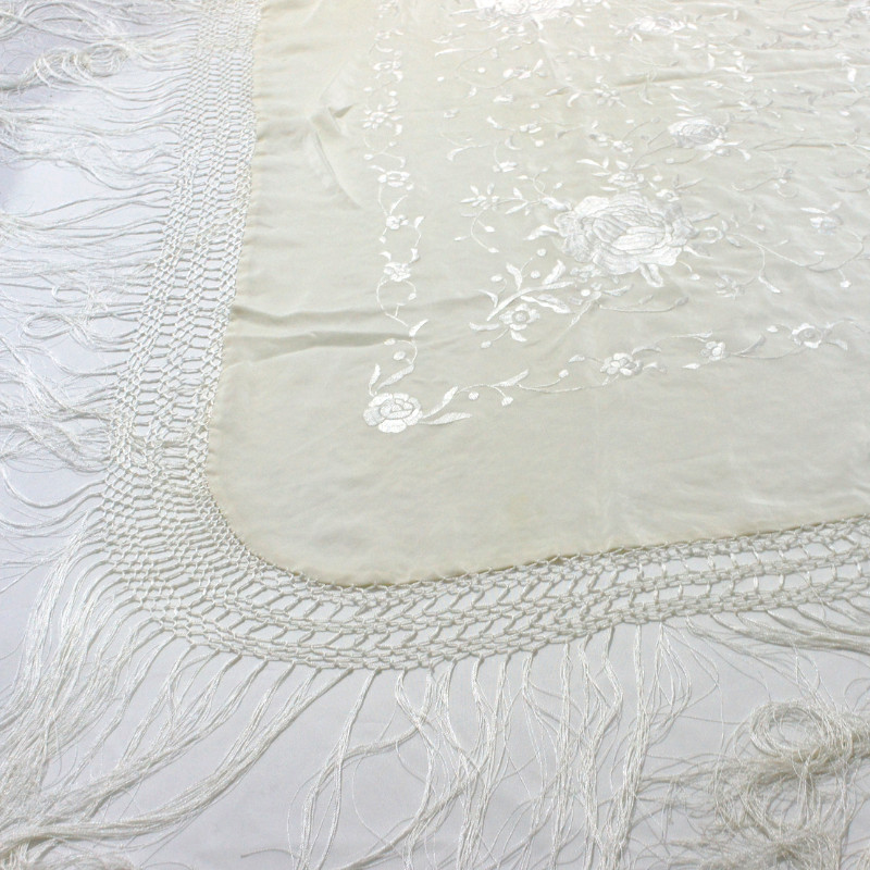 Antique Silk Shawl Wrap Piano Scarf HAND EMBROIDERED FLORAL WITH FRINGE.