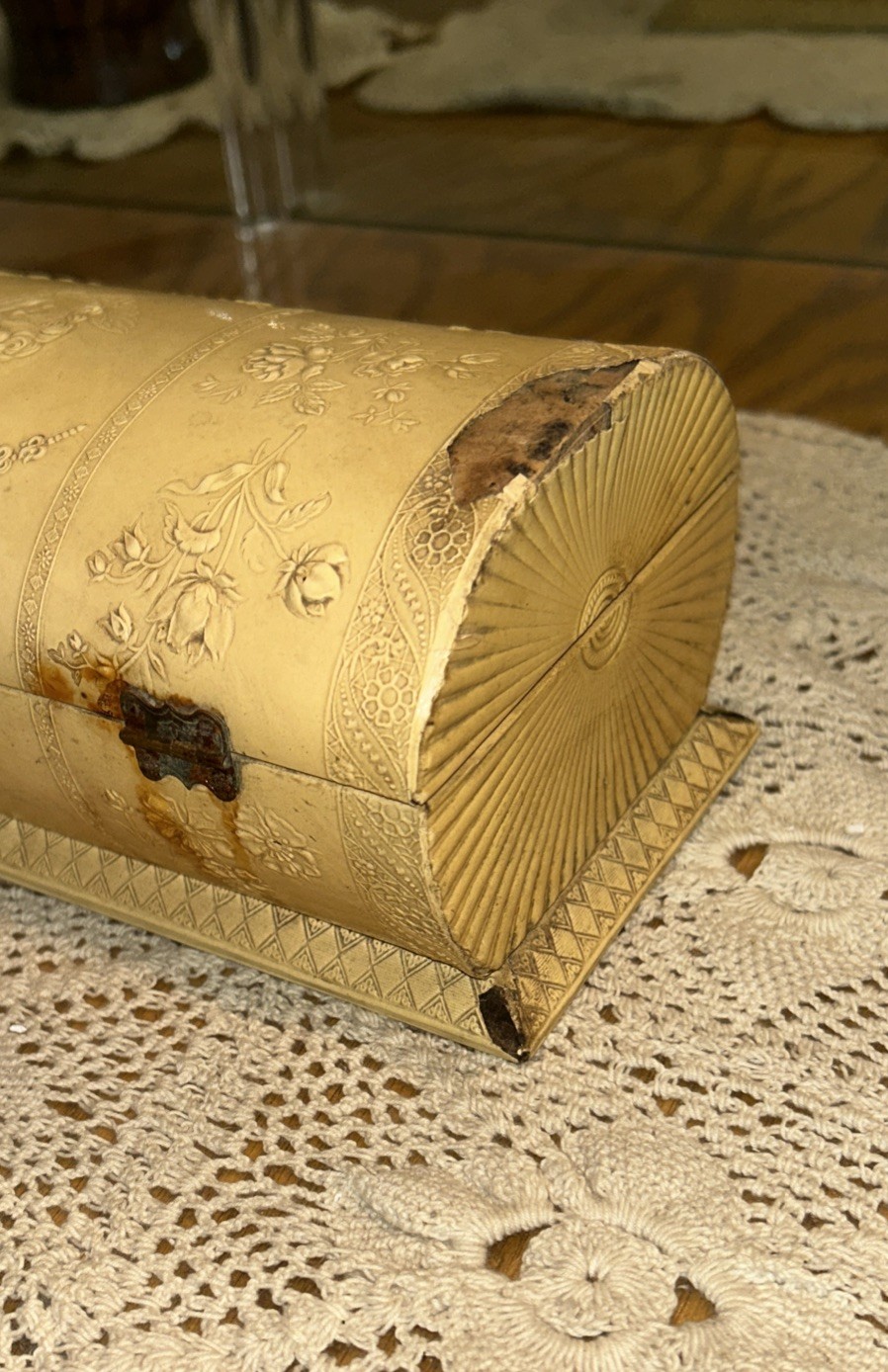 Antique Jewelry Box Engraved Angel Celluloid Wrapped Wood 9x 3.75 Oval Quite Old