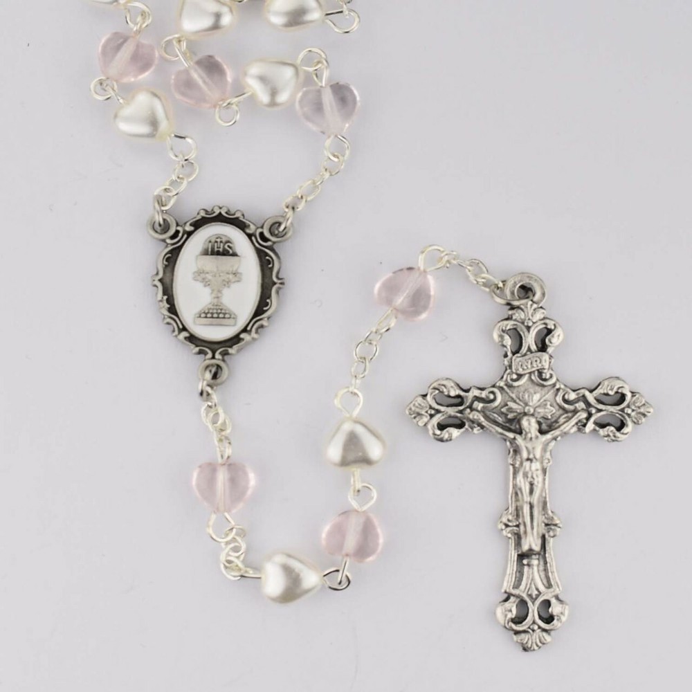 PINK CRYSTAL AND PEARL HEART ROSARY