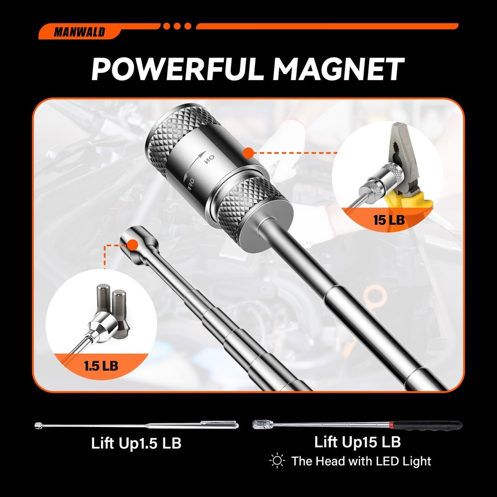 Telescoping Magnetic Pickup Tool Set with Portable Bag, Extendable Flashlight...