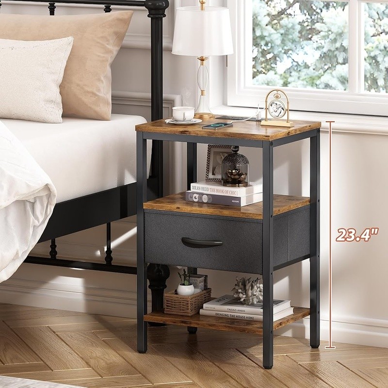 Nightstand W/ Charging Station USB Fabric Drawer Storage Shelf End Table
