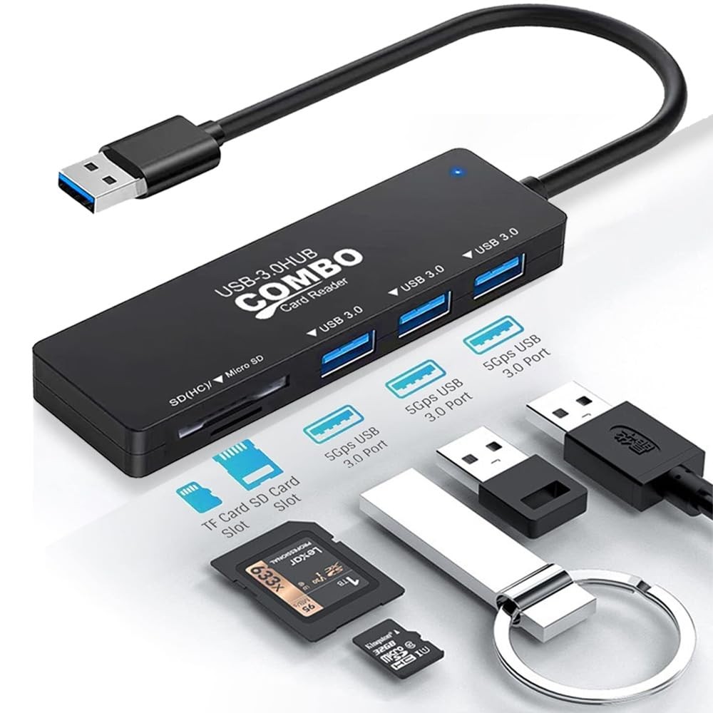 5 Port USB 3.0 Hub Multiport Splitter Adapter SD Micro SD Card Reader 6" Cable