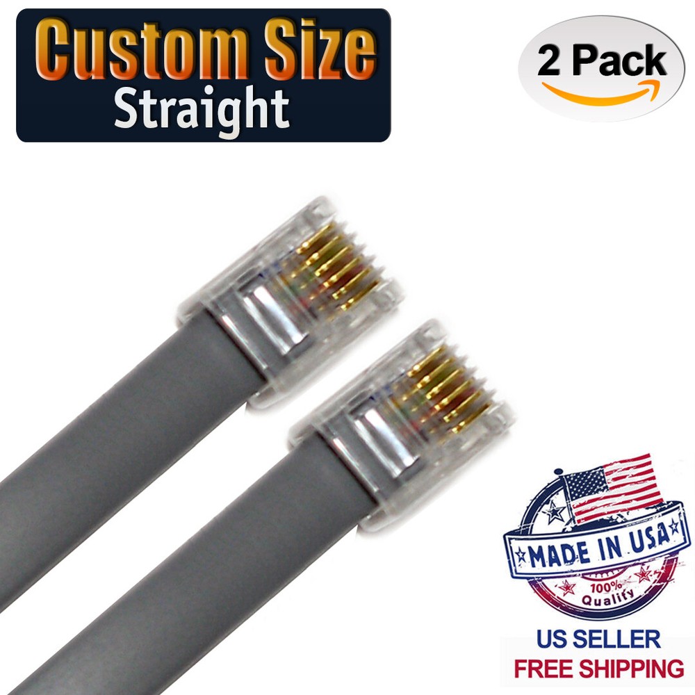(2 Pack) Gray RJ12 6P6C Straight Data Cable. Custom Size From 2" - 7ft