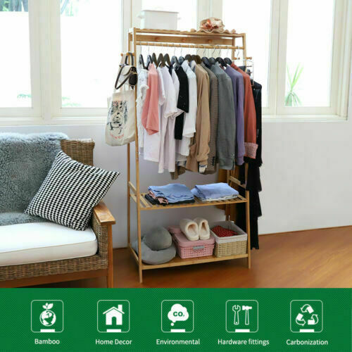 Solid Wood Coat Rack Stand Clothes Hanging Rail Rack Shelf Closet Hooks Portable