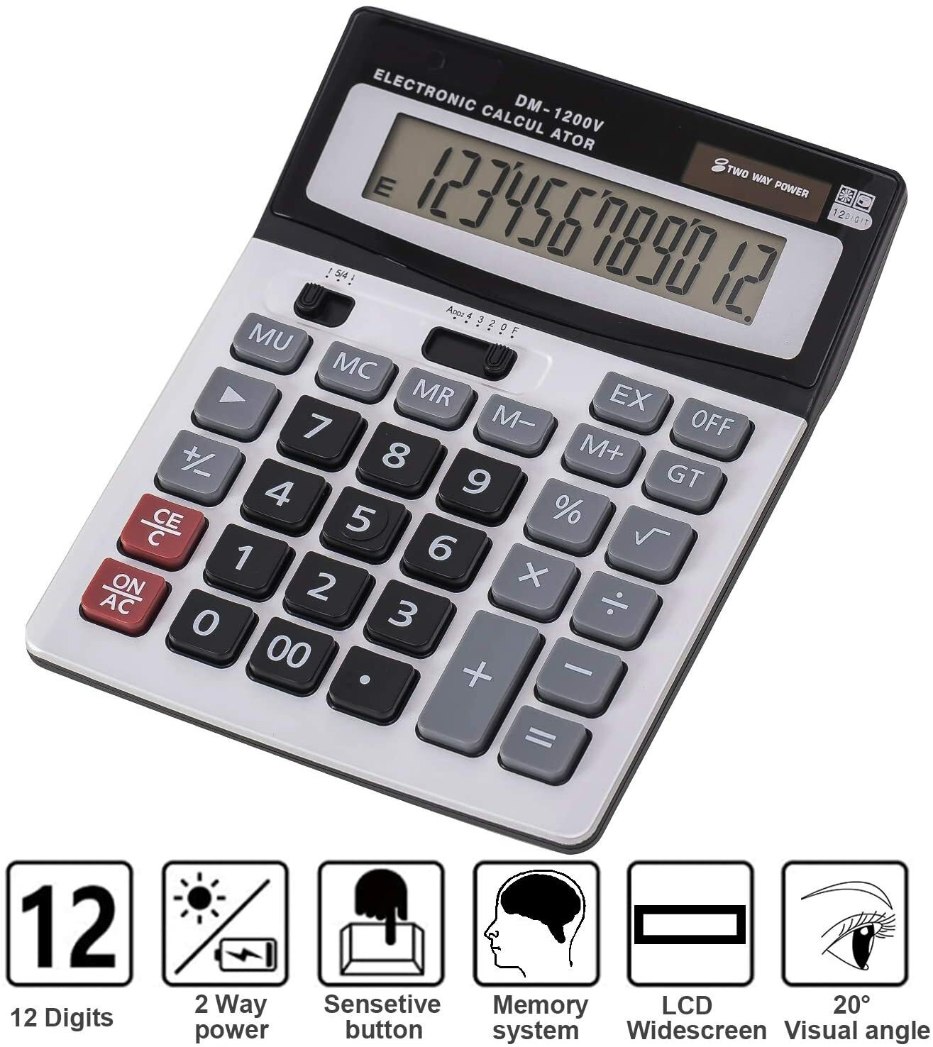 12-Digit Desktop Calculator Standard Function Dual Power Calculator Solar and AA