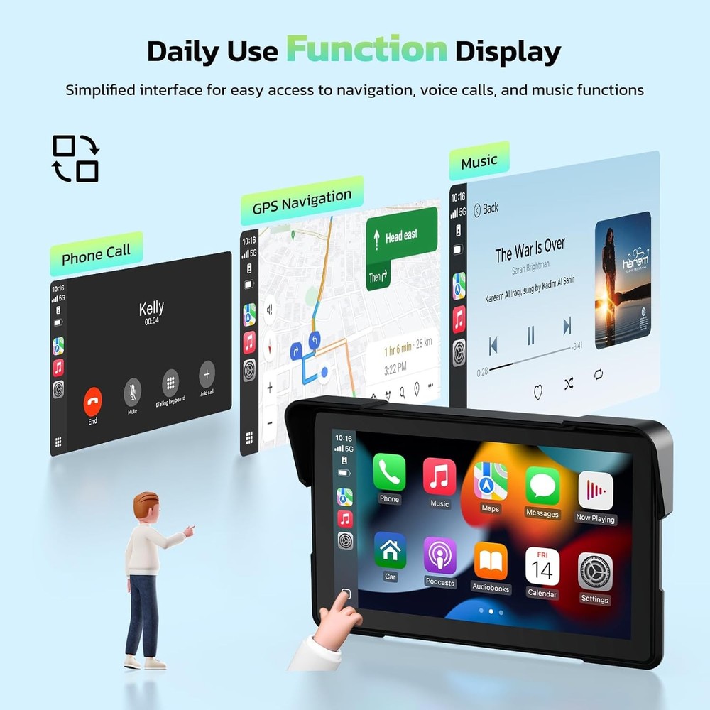 GPS Portable Motorcycle Navigator Wireless CarPlay Waterproof 7"IPS Touch Screen
