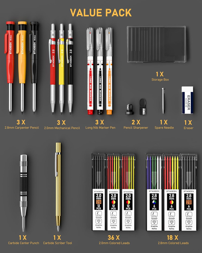 22 Pack Carpenter Pencil Set with Sharpener, Mechanical Carpenter Pencils wit...