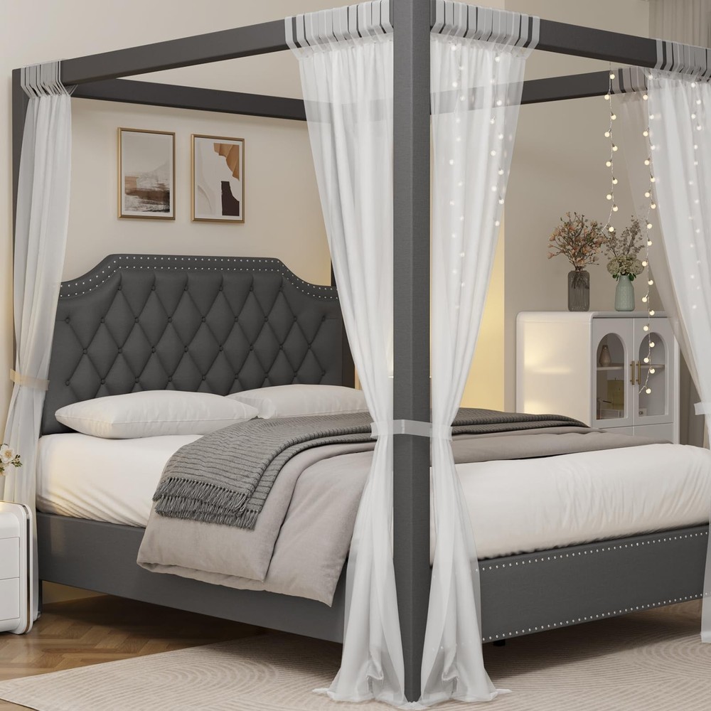 Upholstered Canopy Bed Frame Queen Size with Headboard, Button Tufted, Nailhe...