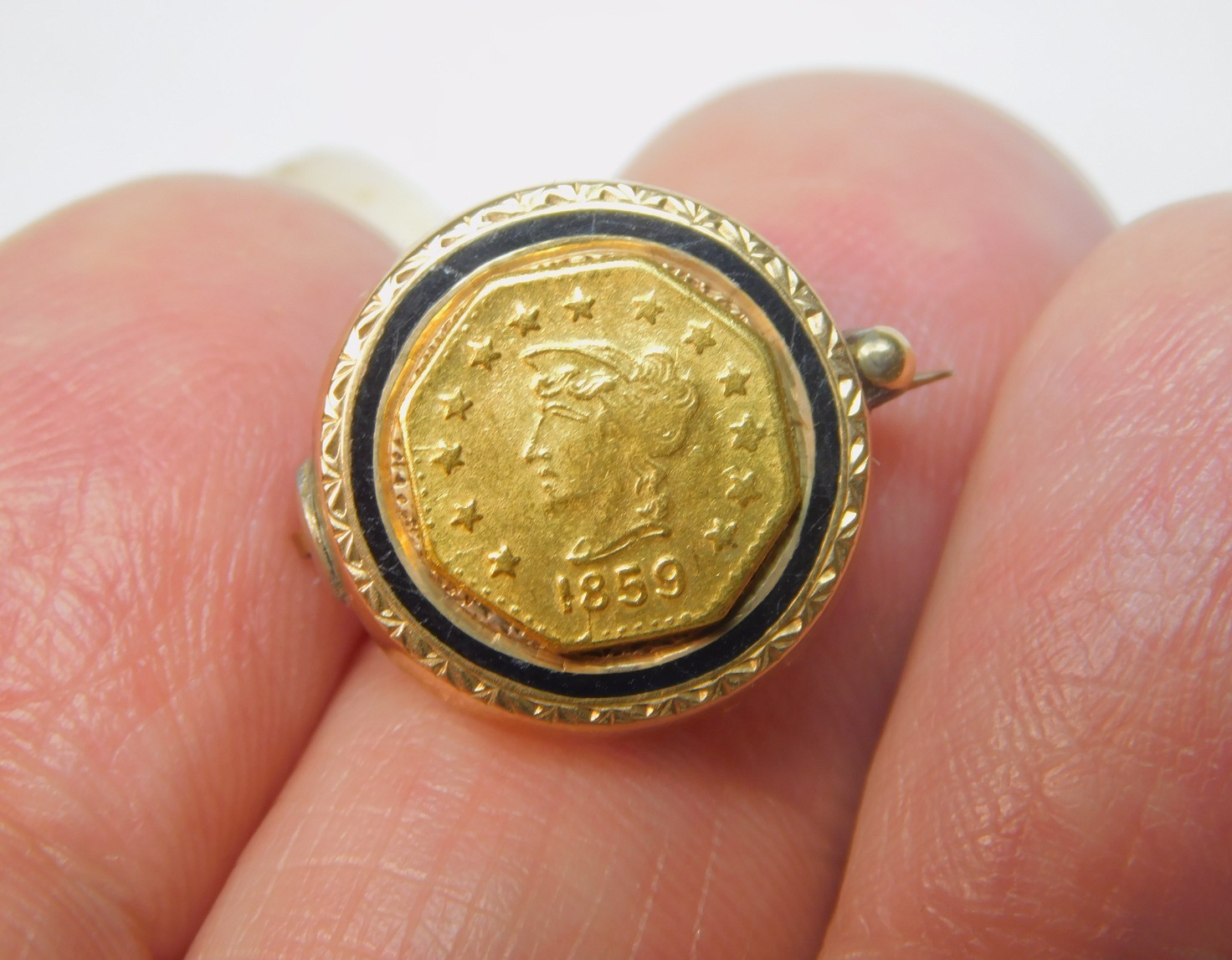 VERY UNUSUAL 1859 CALIFORNIA GOLD PIECE ON ENAMELED 10k GOLD PIN! FREE SHIPPING!