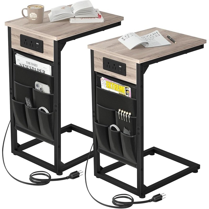 C Side Tables W/ USB Ports & Outlets Sofa Organizer Storage C Table Set