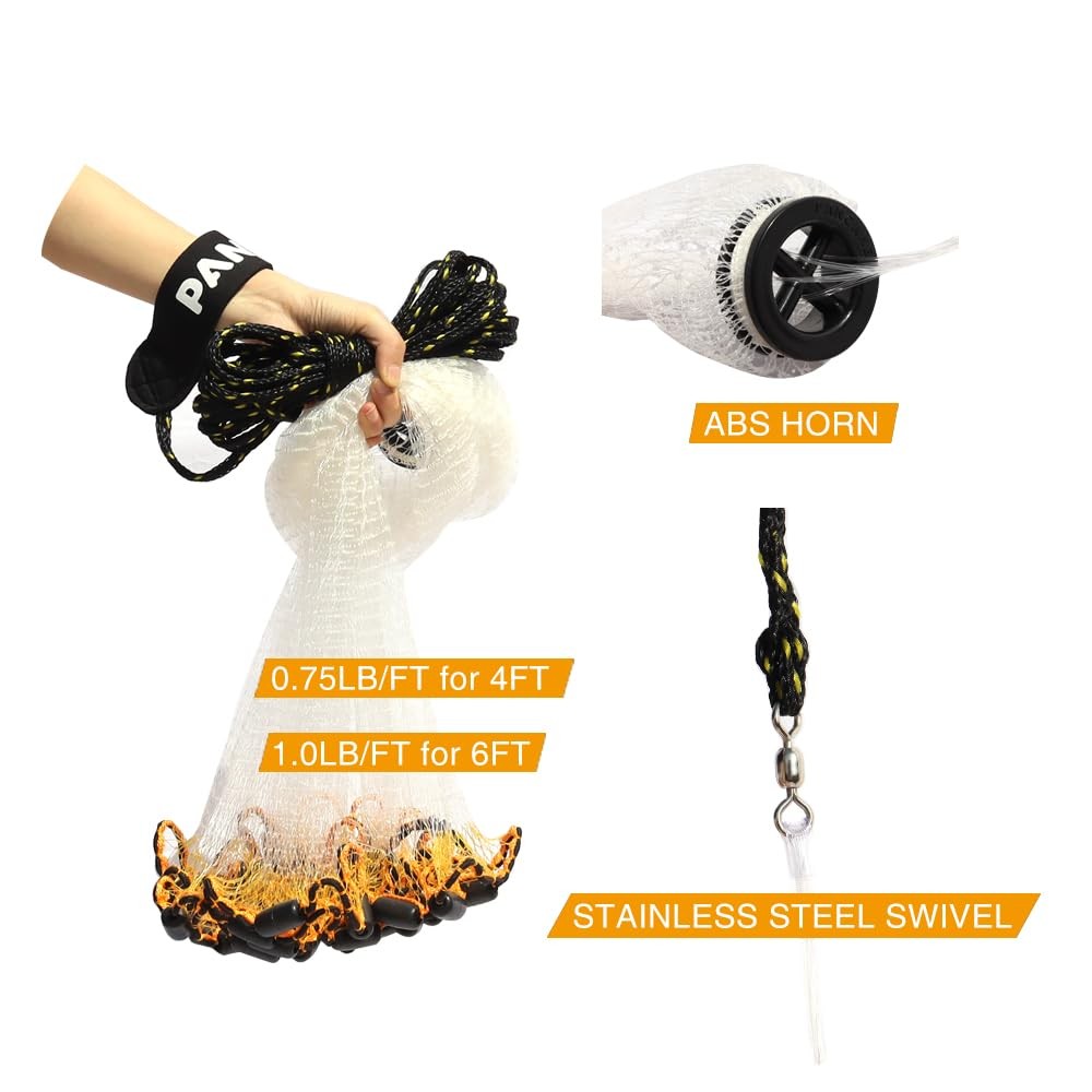 Pancake Cast Net, 6ft Radius with 3/8 inch Mesh, Protective Shell Iron 1.0LB ...