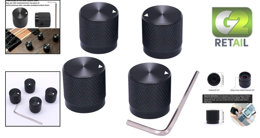 Precision CNC Machined Black Aluminum Knobs for Guitar & Audio Control - 4 Pack