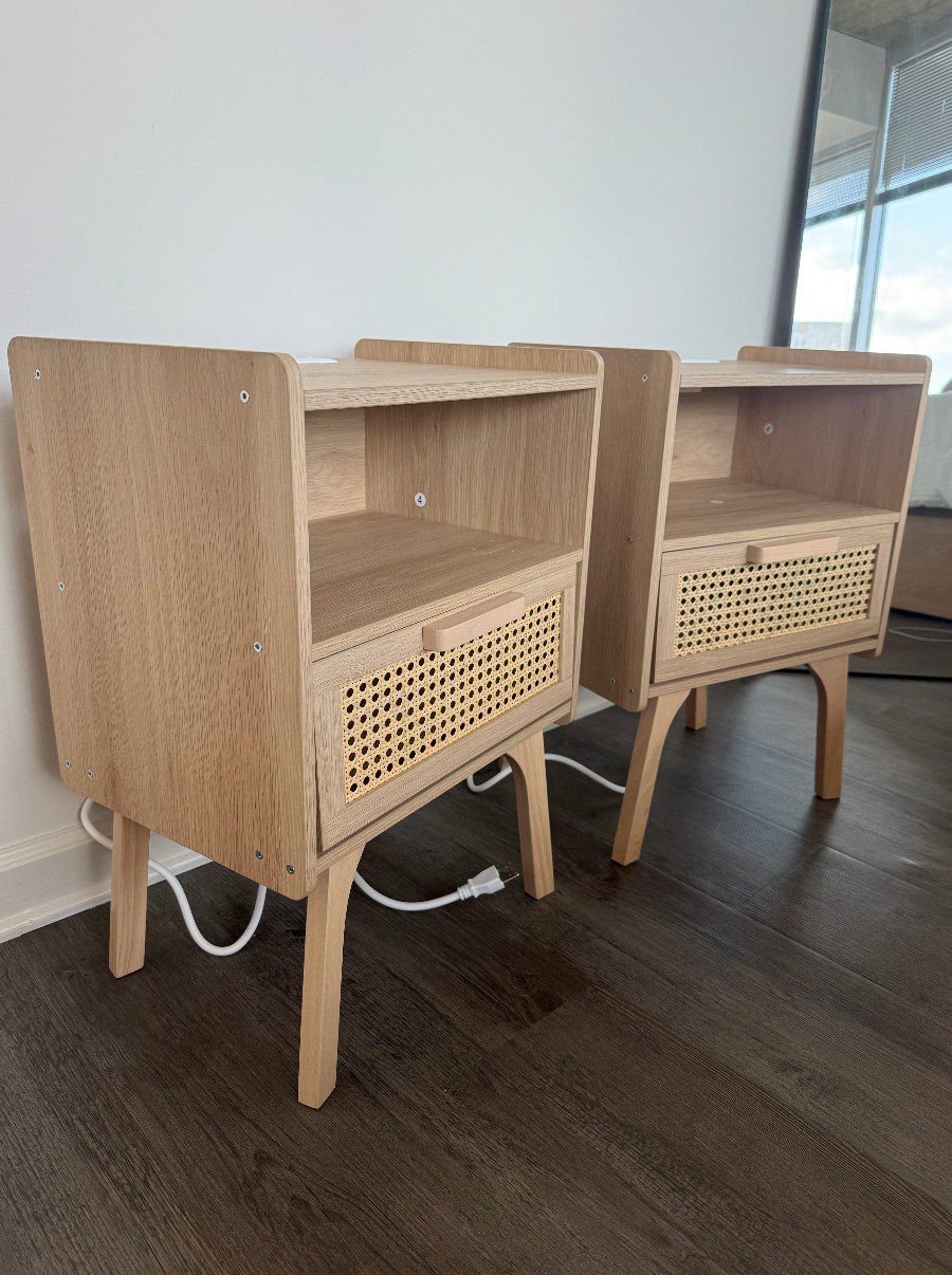 Set of 2 Brand New Night Stands Beige Wood Color Drawer Storage Powered Outlets!